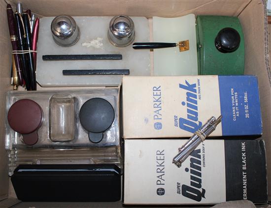 Pens, desk sets & large bottles of ink, etc
